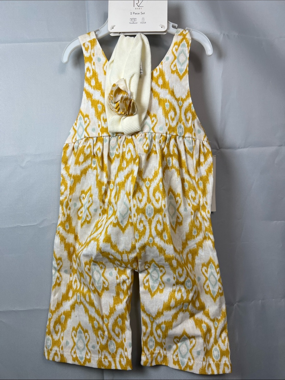 Rachel Zoe baby mustard cream aqua jumpsuit with headband size 3-6 months NWT - Picture 2 of 12